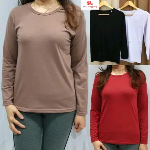 Manset Kaos Premium Wanita - Inner Lengan Panjang Baju Muslimah Krah Pendek Kaos Leher Pendek Atasan Basic Casual Dewasa Nyaman Spandex Oblong Tebal Dalaman Melar Tangan Polos