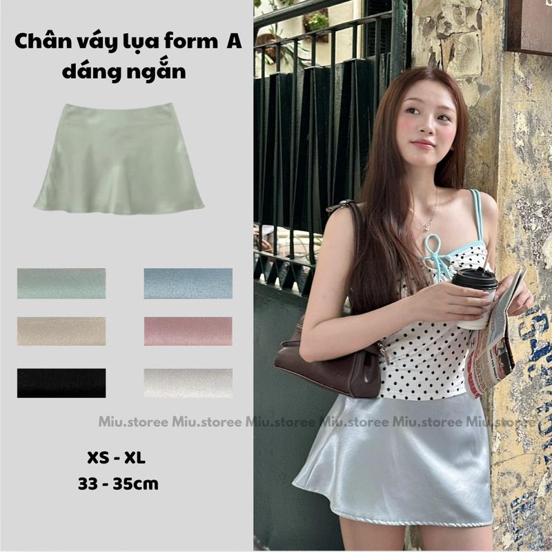 Miu.storee2 Chân Váy Ngắn Xoè Lụa Chousa L1 ngắn xoè Form A  có quần bảo hộ Size XS - XL, dài 33-35cm