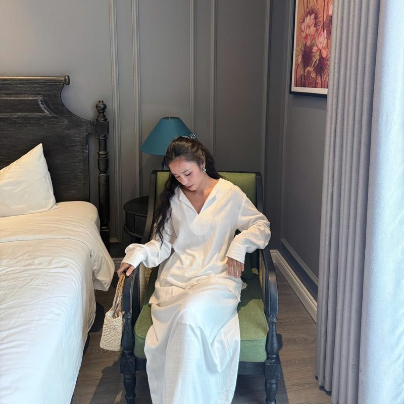  S203 Set váy nữ và áo tay dài kèm belt thắt bính chất linen freesize 