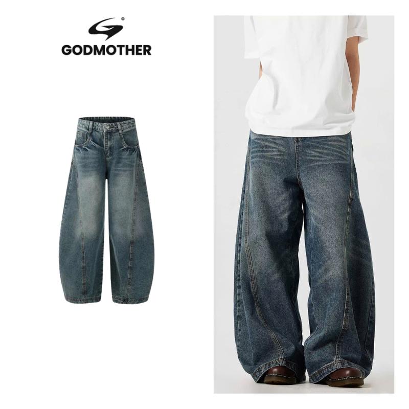  Quần Jean Cạp Trễ Wash GODMOTHER Quần Denim Ống Rộng Xanh Wash Đường Phố Hàn Quốc Phong Cách Unisex 
