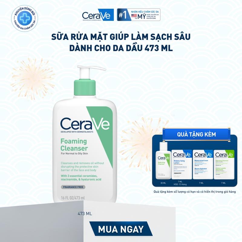   DEAL HOT  Sữa rửa mặt giúp làm sạch sâu dành cho da dầu Cerave Foaming Facial Cleans 473ML tạo bọt làm sạch sâu dịu nhẹ và cung cấp độ ẩm cho da. Chăm sóc da_Sữa rửa mặt_Skincare cho Nam và Nữ_Cleansing 