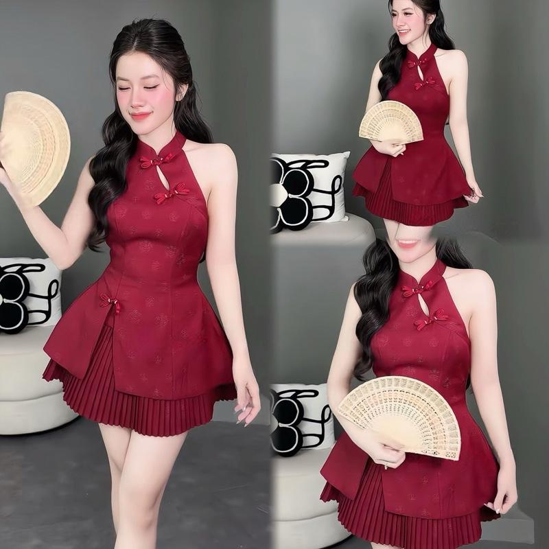 S385 SÉT TẾT KIỂU ÁO CỔ YẾM PHỐI CHÂN VÁY XẾP LY DÁNG XOÈ SANG TRỌNG eo dưới 73cm