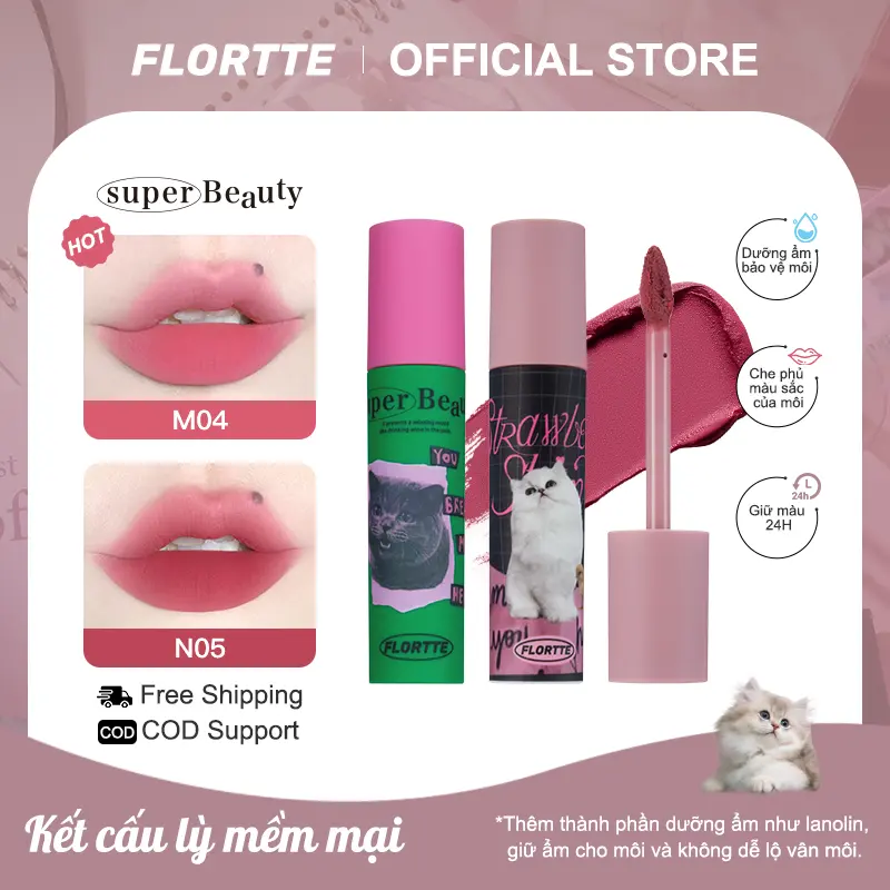 FLORTTE --- Son Kem Lì,  Mềm Mại, mềm mịn, không lem không trôi, màu sáng, mỹ phẩm nữ, lâu trôi, Mèo Con,12 màu, 2.3g
