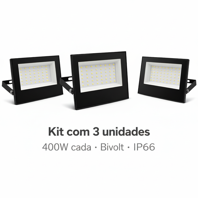 Kit 3 Refletor LED 400W Ultra Brilho Bivolt IP66 Externo Econômico Branco Frio