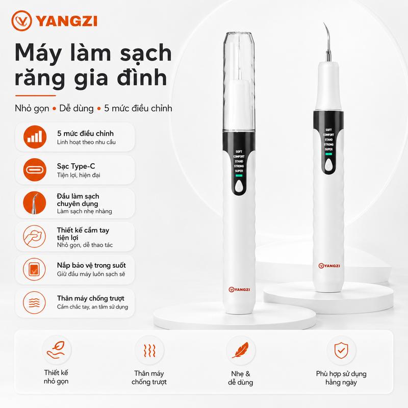 Máy làm sạch răng YANGZI dùng tại nhà loại bỏ vết ố vàng trên răng, hoạt động rung giúp làm sạch sâu trong miệng và khe răng, loại bỏ mảng bám răng, nhẹ nhàng chăm sóc nướu, không gây hại cho răng, phù hợp sử dụng trong gia đình.