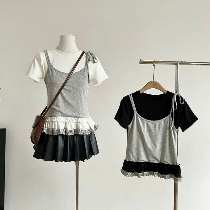 Áo Thun Nữ Ngắn Tay Phối Áo Yếm 2 Dây Viền Bèo Xếp Ly Gấu Áo Trơn Basic 7