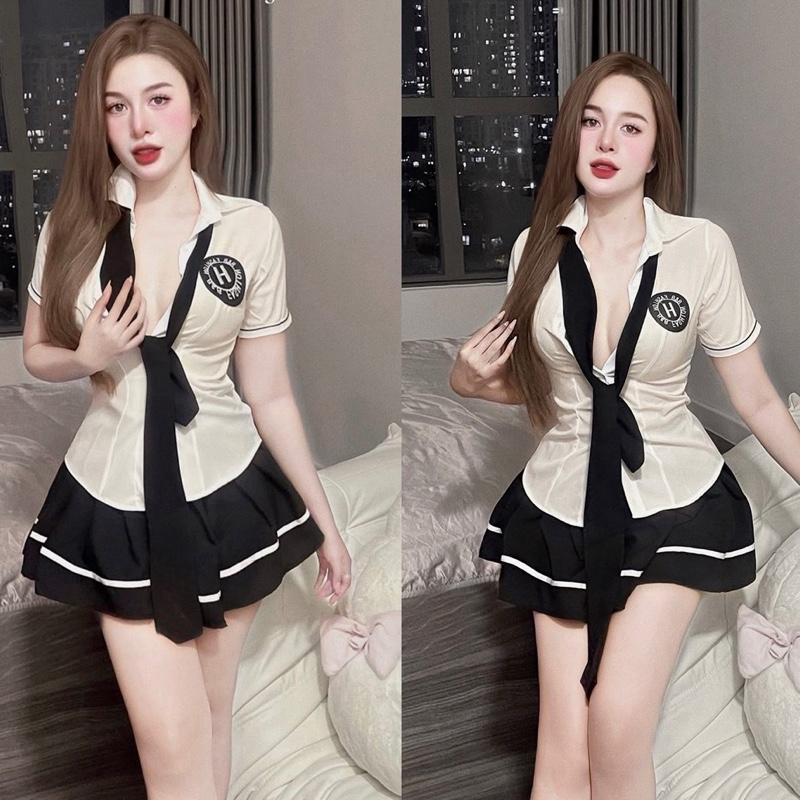 Sét áo sơ mi logo học sinh chân váy tennis viền kèm cà vạt Nữ xu hướng thời trang Women Top <55kg eo dưới 74cm Kem