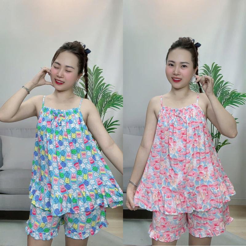 TL244 Đồ Bộ Nữ Măc Nhà Quần Đùi Áo 2 Dây, Hoạ Tiết Dễ Thương, Chất Tole Lanh 2 Da Mềm Mịn Mát, Thấm Hút Mồ Hôi, Có size Nhung Voi Women áo  ngủ do  boxinh