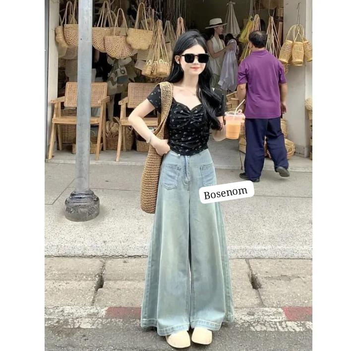 Product Introduction of BOSENOM- Celana kulot jeans wanita HighWaist wide leg kantong depan jins Panjang Cewek 3