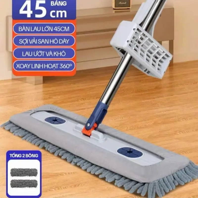 (1 Chổi + 2 Bông Lau) Cây Lau Nhà San Hô TT79 45x12CM Xoay 360 Độ Tặng Kèm 2 Miếng Lau 8
