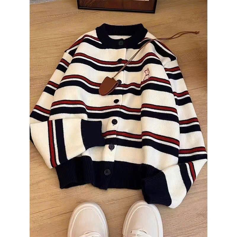    HÀNG QC L1   Áo khoác cardigan len lông thỏ Cổ tròn phối Hoạ tiết kẻ ngang thêu hình cún con cute -TD160 