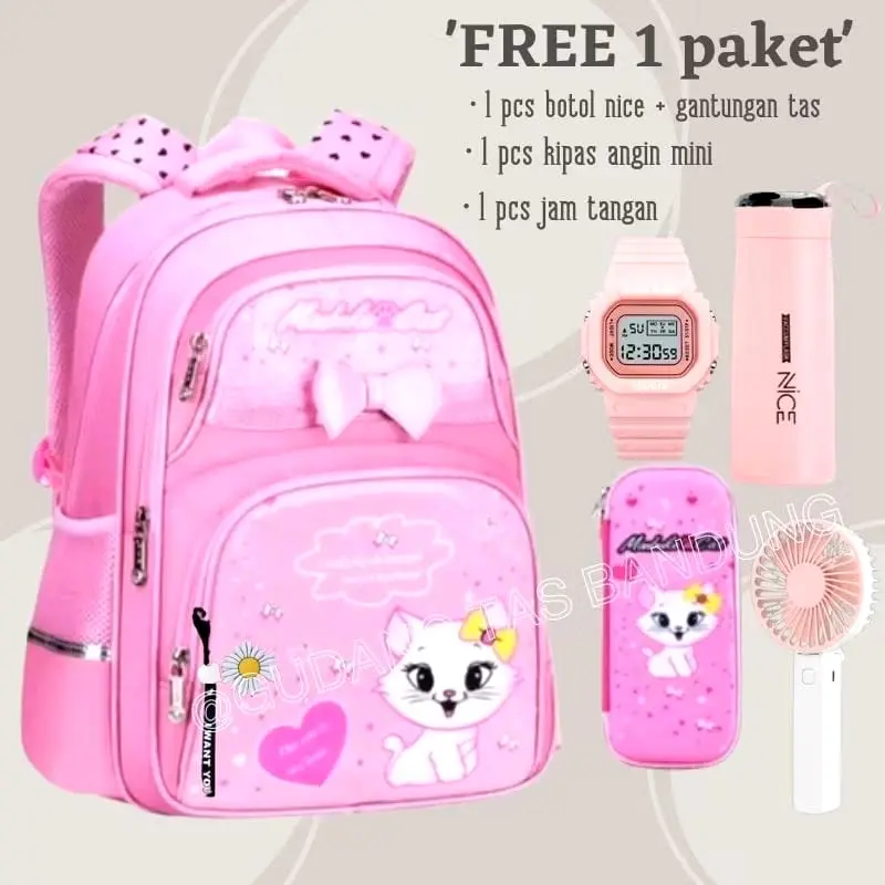 Tas ransel sekolah perempuan tas karakter kucing tas gendong lucu tas TK SD tas fashion terbaru lucu tas anak murah berbonus