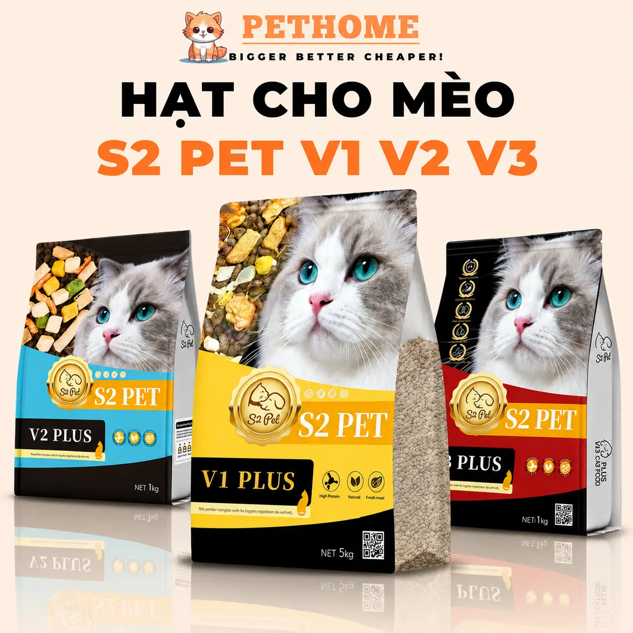 Hạt Cho Mèo S2 Pet V1 V2 V3, Đạm 32%, Siêu Topping, Hỗ Trợ Tăng Cân, Tiết Niệu Và Tiêu Hoá