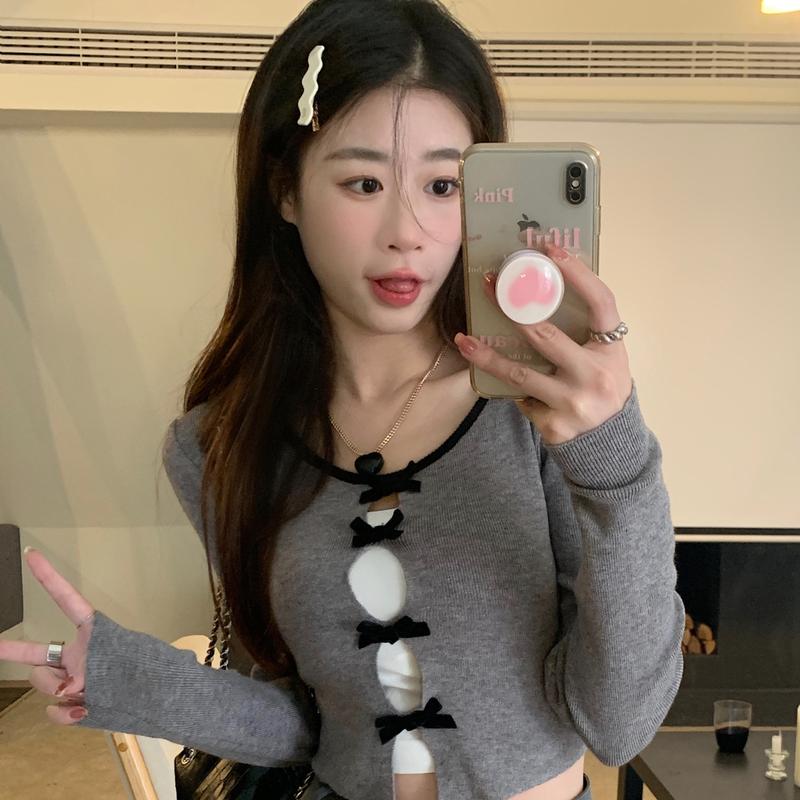 Product Introduction of Chanel Style Socialite Bow Long-Sleeved Knitted Women's Autumn New Design Hollow out Outer Wear Solid Color Long-Sleeved Top 2