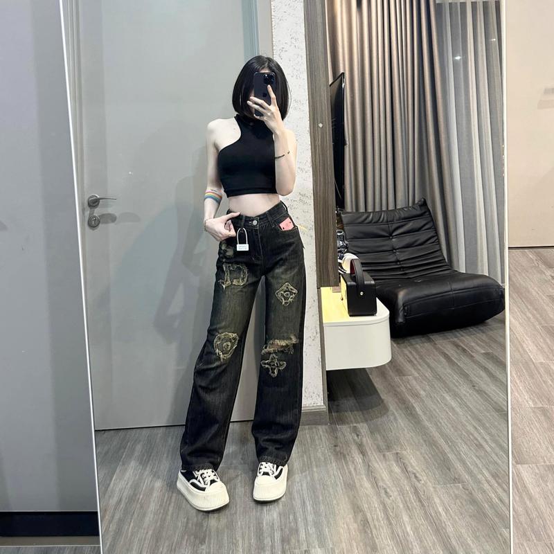 Quần ống suông nữ MELINA quần rách gối thêu chữ CL cạp cao tôn dáng màu đen ánh rêu size S M L 1379/1351 quan jean ong rong