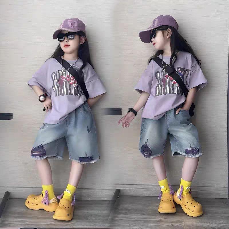   DEAL MỞ BÁN  Tím Set bộ đồ áo cotton kèm quần jean ngố  cute cho bé gái từ 15-50kg 