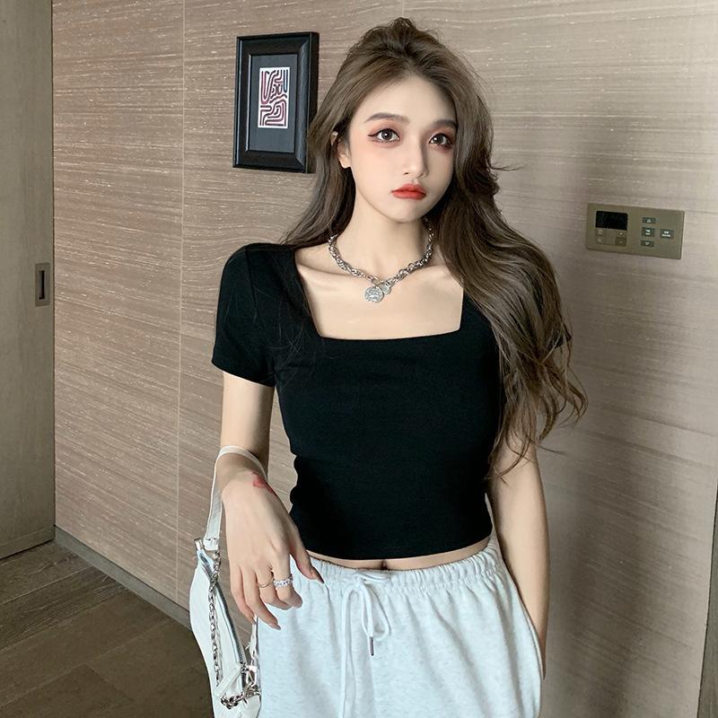 Uniqueestore BJ1557 Baju Atasan Kaos Crop Top Polos Kerah Persegi Spandek FashionKorea Wanita Lengan Pendek Santai Cewek dalam Tshirt Dewasa Oblong Basic Simple Tee