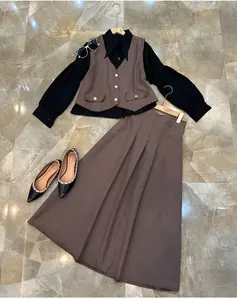 Stevani Oneset Rok 3 in 1 Katun Tweed Premium Setelan Wanita Plus Rompi Model Terbaru Bahan Import Kemeja Rok Vest Fleksibel Stylish