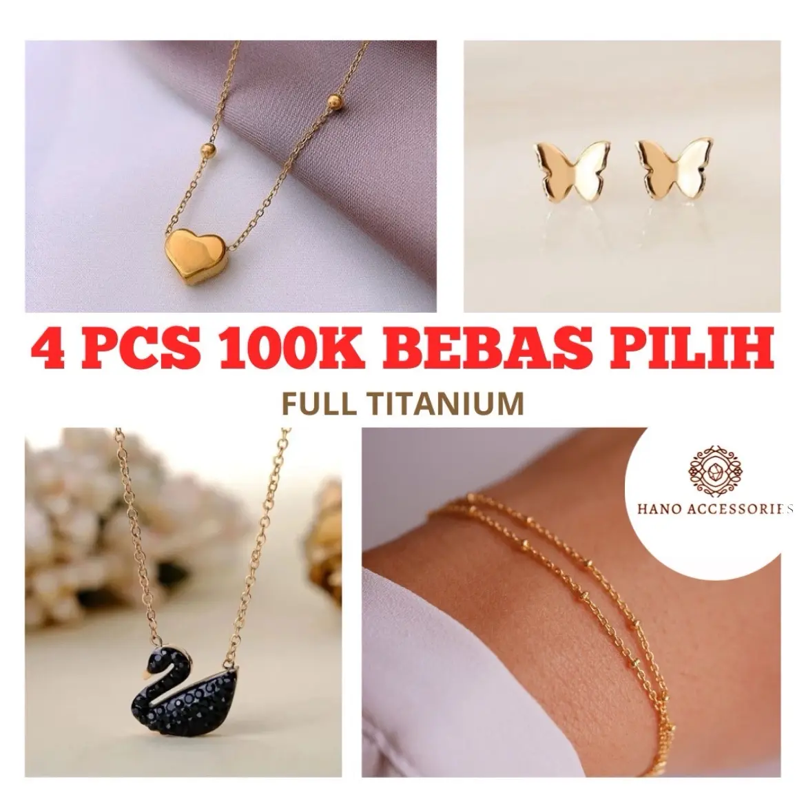 KHUSUS LIVE BISA MIX !!! 100RB 4PCS KALUNG/ANTING/GELANG/CINCIN TITANIUM ANTI KARAT ANTI LUNTUR KUALITAS BAGUS KALUNG GELANG BUNGA CLOVER HITAM PUTIH MANIK TWO TONE CINCIN BUNGA CLOVER ANTING BUNGA CLOVER