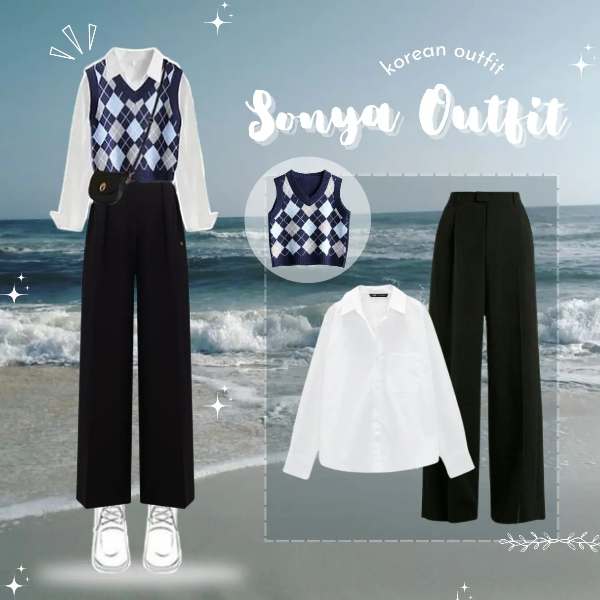 OUTFIT YEARBOOK : One Set Remaja Wanita Korean Style (Setelan Vest Biru, Kemeja Putih, CelanaScuba Panjang) Outfit ke Kampus | WFD-Sonya