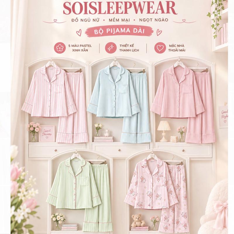 Soisleepwear Bộ Pijama Dài Đồ Ngủ Nữ Mềm Mại Ngọt Ngào 5 Màu Pastel Thiết Kế Thanh Lịch Chất Liệu Lụa cao cấp
