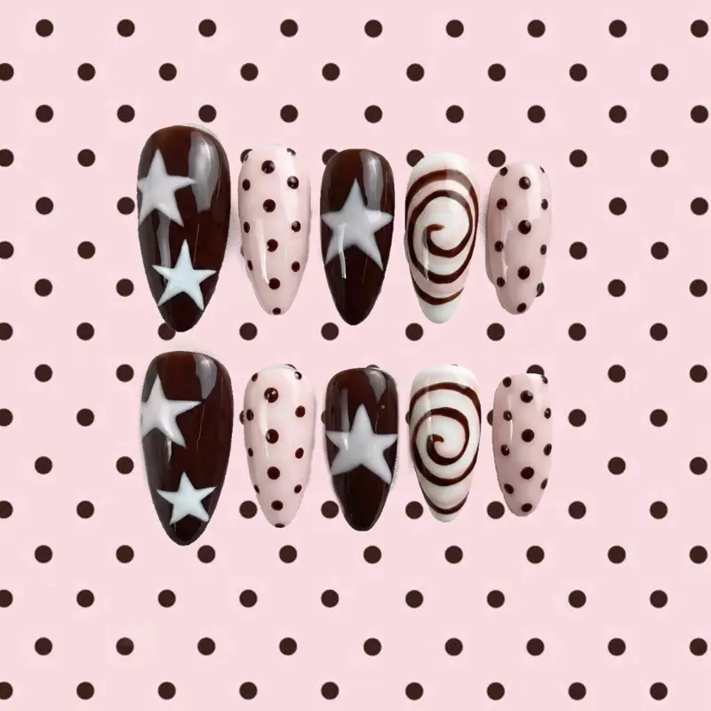 Kuku Palsu Art Desain Bintang & Polkadot Warna Coklat & Putih Siap Kirim