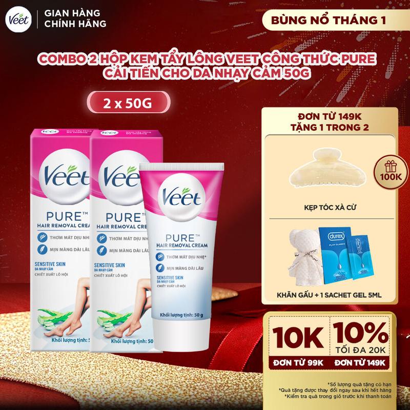 Combo 2 hộp Kem tẩy lông Veet công thức Pure cải tiến cho da nhạy cảm 50g