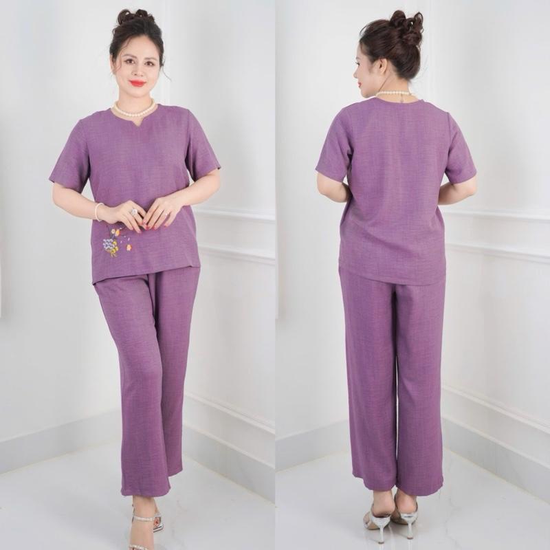  Đồ Bộ trung niên Đồ bộ cho mẹ Áo cổ tròn Áo tay ngắn,quần chín tấc cho các mẹ vải đũi mát mẻ Ms45 Voi Tim Nữ Women Voan Top 