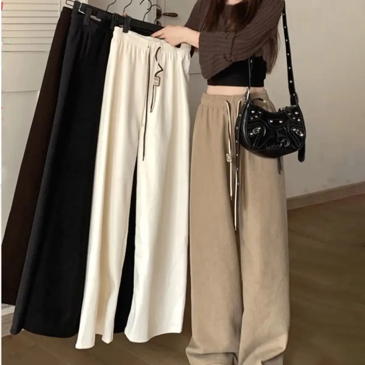 Ultra-fine Striped Wide-leg Pants for Women 2024 New Style Corduroy Casual Pants, Drape and Slim Fit Smiley Face Double Waistband Straight-leg Pants DM-1113