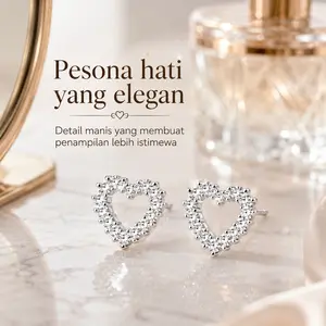 Anting Stud Wanita Model Hati, Anting Berlian Imitasi Zirkon Berkilau, Aksesoris Minimalis Elegan