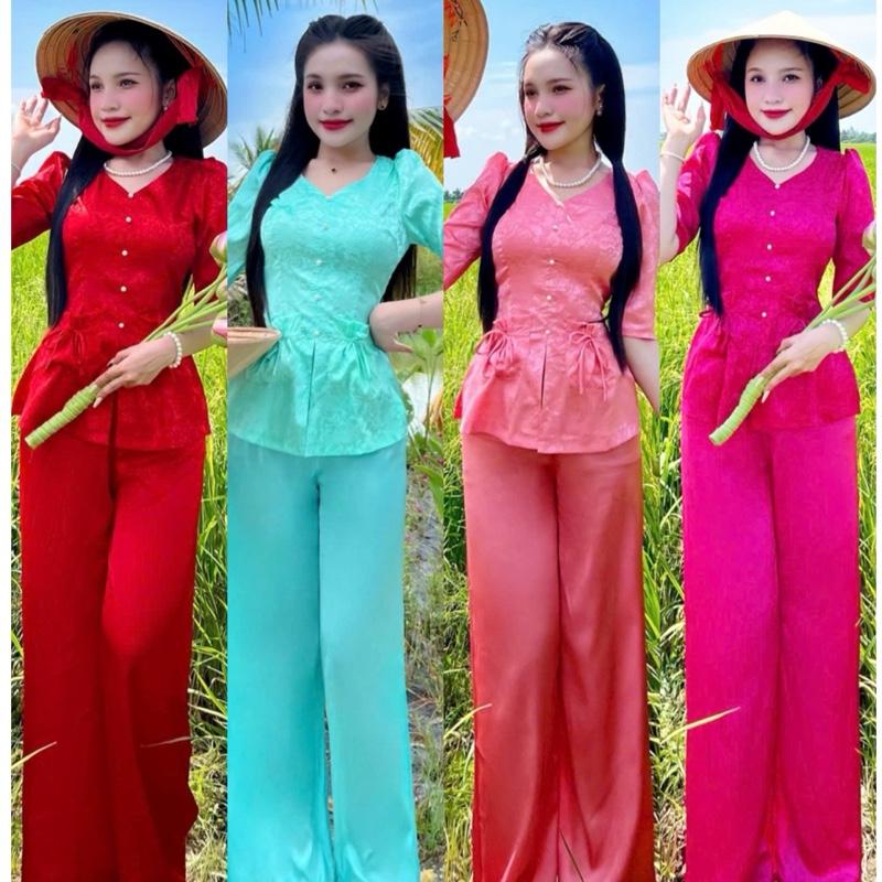 ÁO LẺ BỘ BÀ BA áo gấm cổ tim 2 túi đính dây nơ 2 bên tay lỡ phồng vai quần lụa Thái Nữ Women Tops