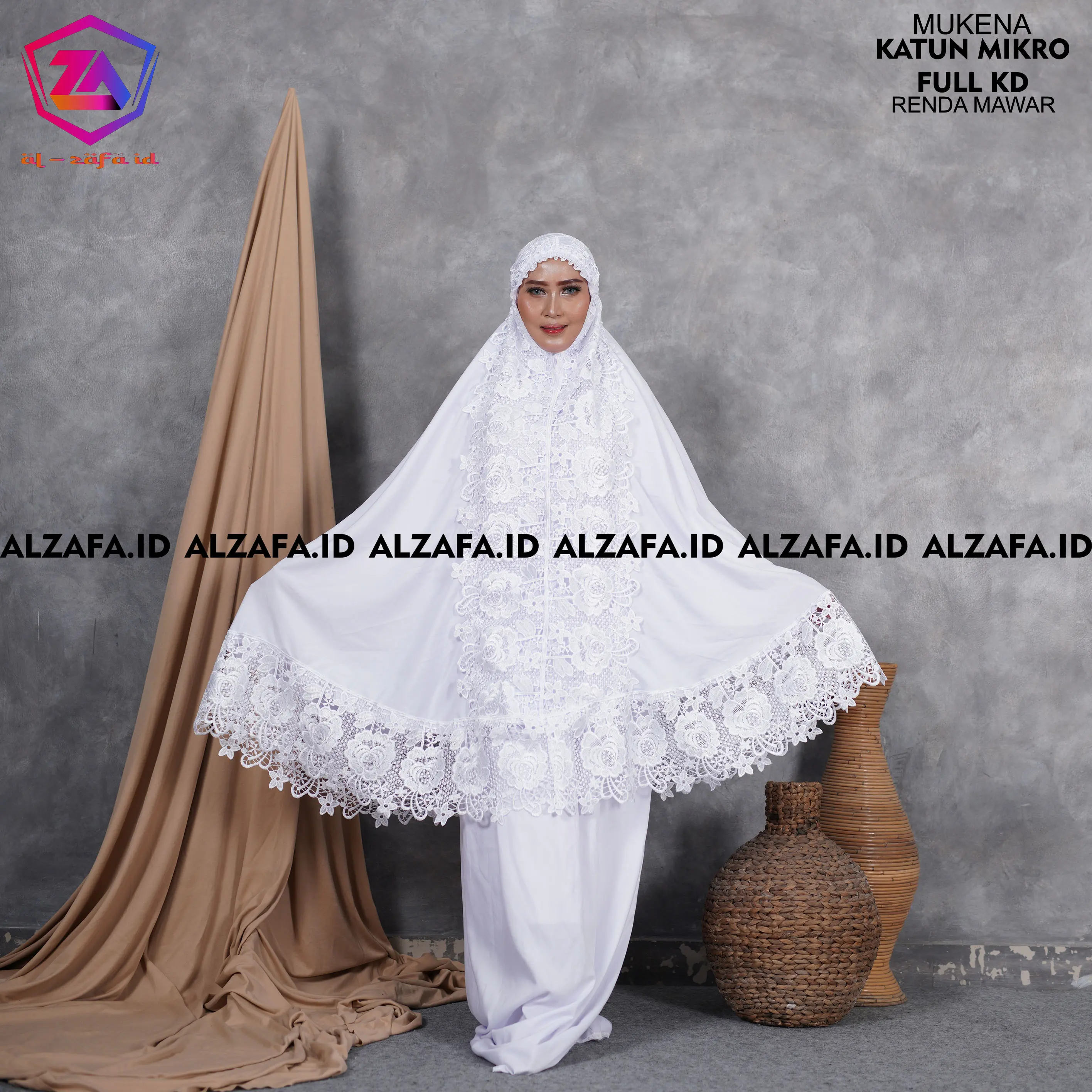 Mukena Dewasa Jumbo Katun Mikro Putih Bersih Brokenwhite Renda Motif Bunga Mawar Jiper Mawar Tille