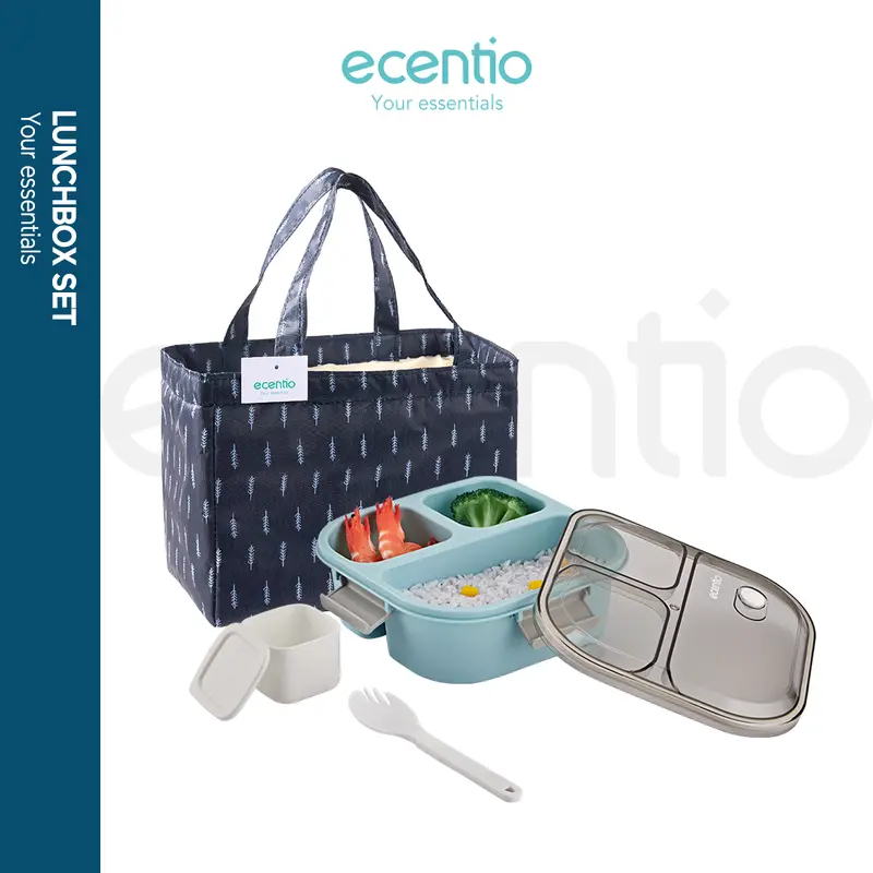【2pcs】【BPA FREE】ecentio  lunch box settempat bekal makan kotak bekal anti tumpah 3 grid 1100ml Kotak makan wadah bekal anti tumpah kotak sup 100ml Free Sendok Kitchenware 1