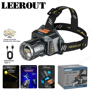 LEEROUT Senter Kepala 2000 Lumen SuperTerang 4 Sumber Cahaya Zoom Baterai  2400mAh Waterproof USB Rechargeable Headlamp Kecerahan Tinggi untuk Pendakian Gunung