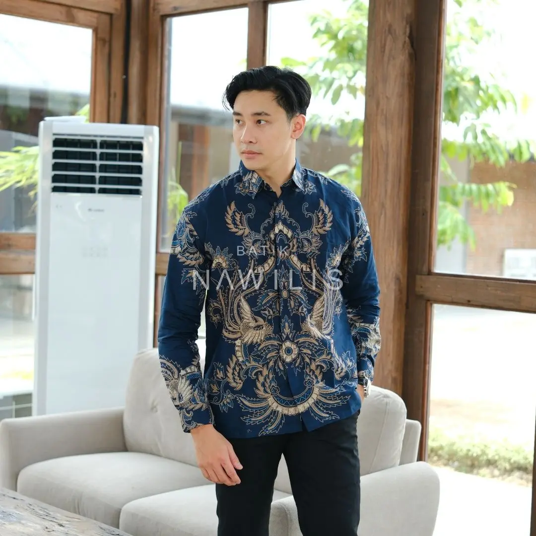 Baju BATIK NAWILIS Kemeja Panjang Pria Slimfit Lapis Furing Premium Motif ABISATYA BIRU