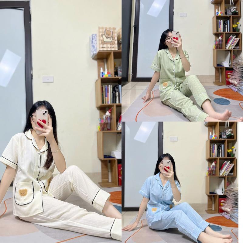 Set đồ bộ, Pijama áo cộc, quần dài vải đũi gân mềm nhẹ, thoáng mát