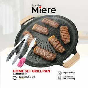 Mierehome Alat Panggangan BBQ Grill Wajan Konduksi 32cm 34cm Anti Lengket dengan Gagang Kayu & Penjepit Panggangan untuk Memanggang Mie Goreng dan Telur Goreng