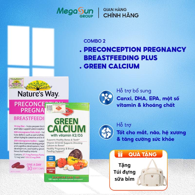   TẶNG TÚI ĐỰNG SỮA BỈM  Combo Green Canxi Và Vitamin Bầu Nature's Way Bổ Sung Canxi Hữu Cơ Và Các Vitamin Cho Mẹ Bầu 