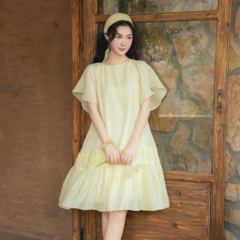 JOVEN Đầm Nữ Tessa Suông Tay Cánh Tiên Tùng Nhún 2 Tầng