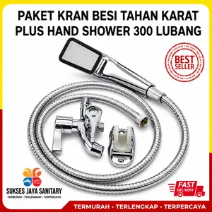 FLASH SALE 4 IN 1 Paket Kran Besi Tahan Karat Plus Hand Shower 300 lubang komplit Air Air Keran Selang penghemat air shower perlengkapan mandi jet  showers