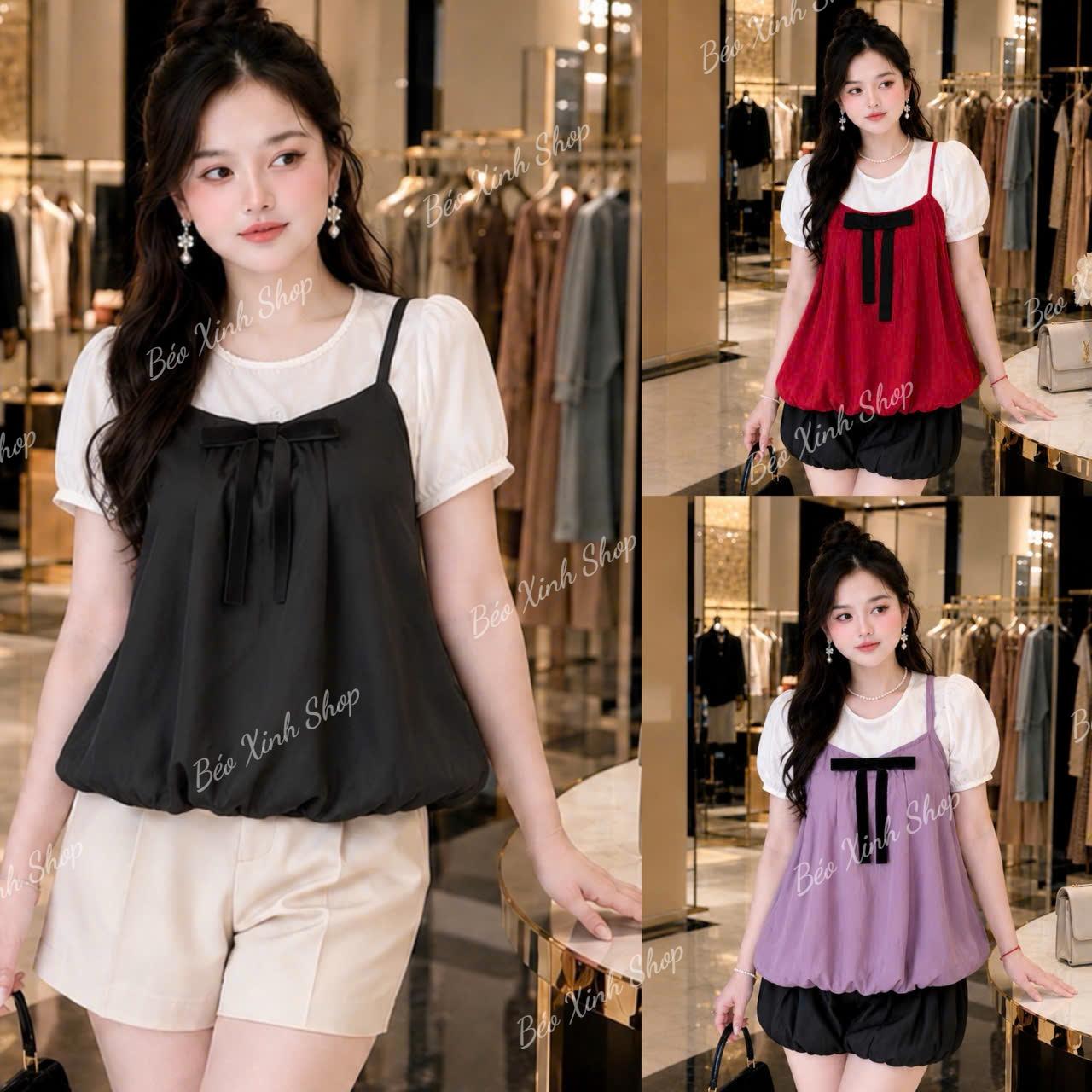 Áo Kiểu Nữ Phối 2 Dây Đính Nơ Tay Phồng Form Babydoll Che Bụng Bigsize 45-90kg Béo Xinh Shop - A.1846
