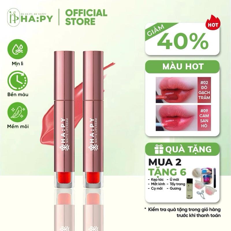 [ Mua 2 Tặng 6 ] Combo 2 Son Kem Hapy ,Không Chì, Mềm Môi, Lên Màu Chuẩn, Son Kem Lì Kháng Nước, Tặng kèm( cọ+1 dầu tẩy trang+ 1 kính+ kep + gương mi+ son dưỡng  ) Son Môi Mỹ Phẩm Nữ Trang Điểm Women Cosmetic