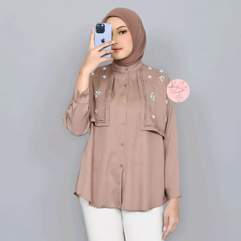 Brandstore - TRIANA Blouse New Layer Kemeja Shakila Botega Polos Shirt Kekinian Baju Panjang Wanita Atasan Katun Casual Cewek Dewasa viral vintage Oversize blouse 2