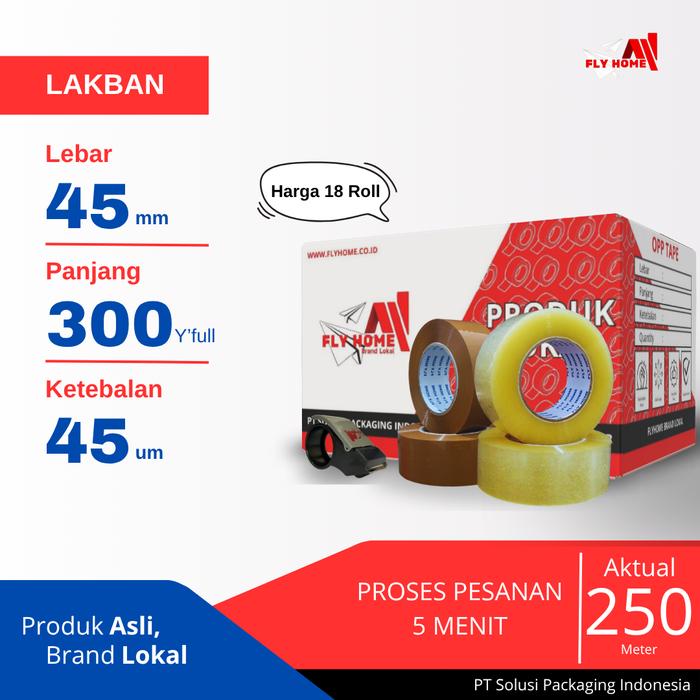 Gambar FLYHOME Lakban bening coklat 45x300yard 18roll 2inchi ukuran FULL 1/2dus - BENING, 45X300Y ECO dari Flyhome Brand Lokal Kota Bekasi Tokopedia