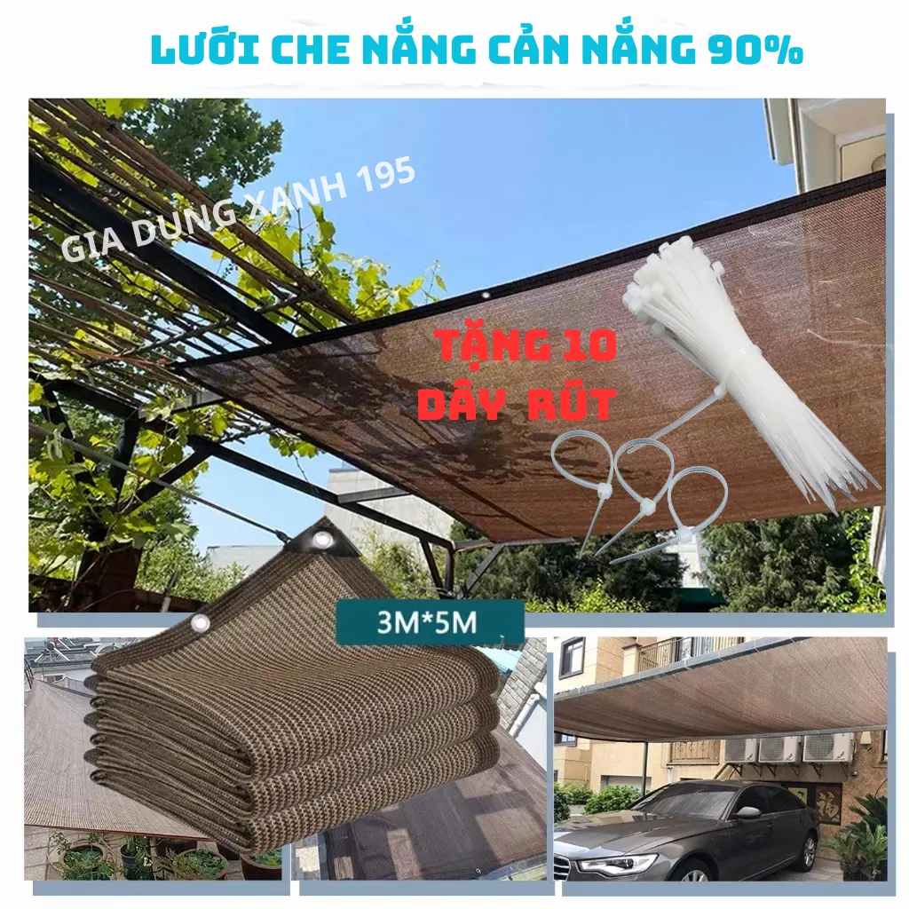 Lưới che Nắng Loại 1 Màu Nâu Đa Kích Thước + 10 Dây Rút treo dùng che nắng lên đến 90%