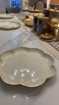 Product Review of 1pc Pinggan Makan Nasi 25cm Plastik Aesthetic Plastic Dinner Plate Elegant WhiteCream Gold Rim Ceramic Lookalike  Dish Plate Tableware from o**🌼 1