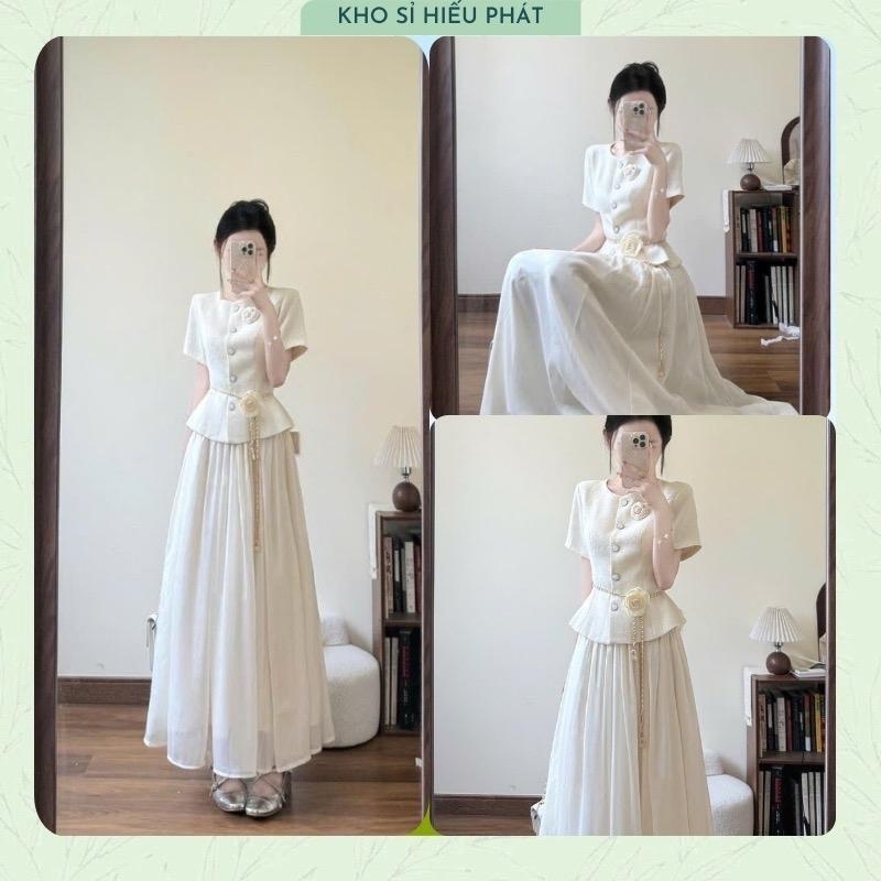 Mở Bán - Tặng Hoa Cài - Đây Xích Đai Set Áo Dạ cúc Ngọc Cổ Tròn 2 Lớp Phối Chân Váy Voan Tơ Dài Xoè Tiểu Thư by Hp