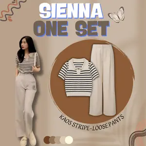 Sienna One Set Remaja Kekinian Dengan (Kaos Stripe Dan Loose Pants) OOTD Simpel Yang Cocok Untuk Jalan-Jalan -BZ28 Panjang Santai Wanita Baju Atasan Pendek Motif