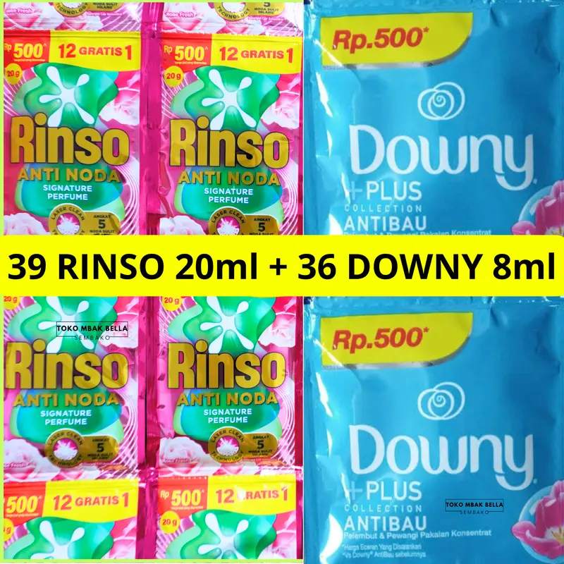 PAKET NYUCI 72-75pcs RINSO + DOWNY Deterjen liduiq pewangi konsentrat rinso 18ml-20ml dan downy 8ml 4