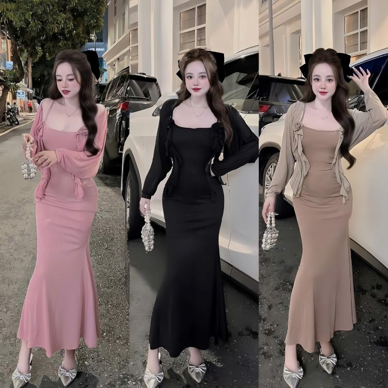 Set Đầm Hai Dây Đuối Cá Đính Hoa Bèo Tua Rua Kèm Áo Khoác Crop Chất Thun Ladong Mềm Thiết Kế Sành Điệu Duyên Dáng Cho Nữ
